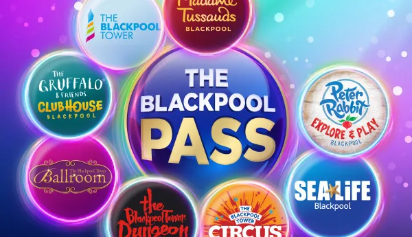 The Blackpool Pass logo surrounded by orb logos representing 8 Merlin Blackpool attractions